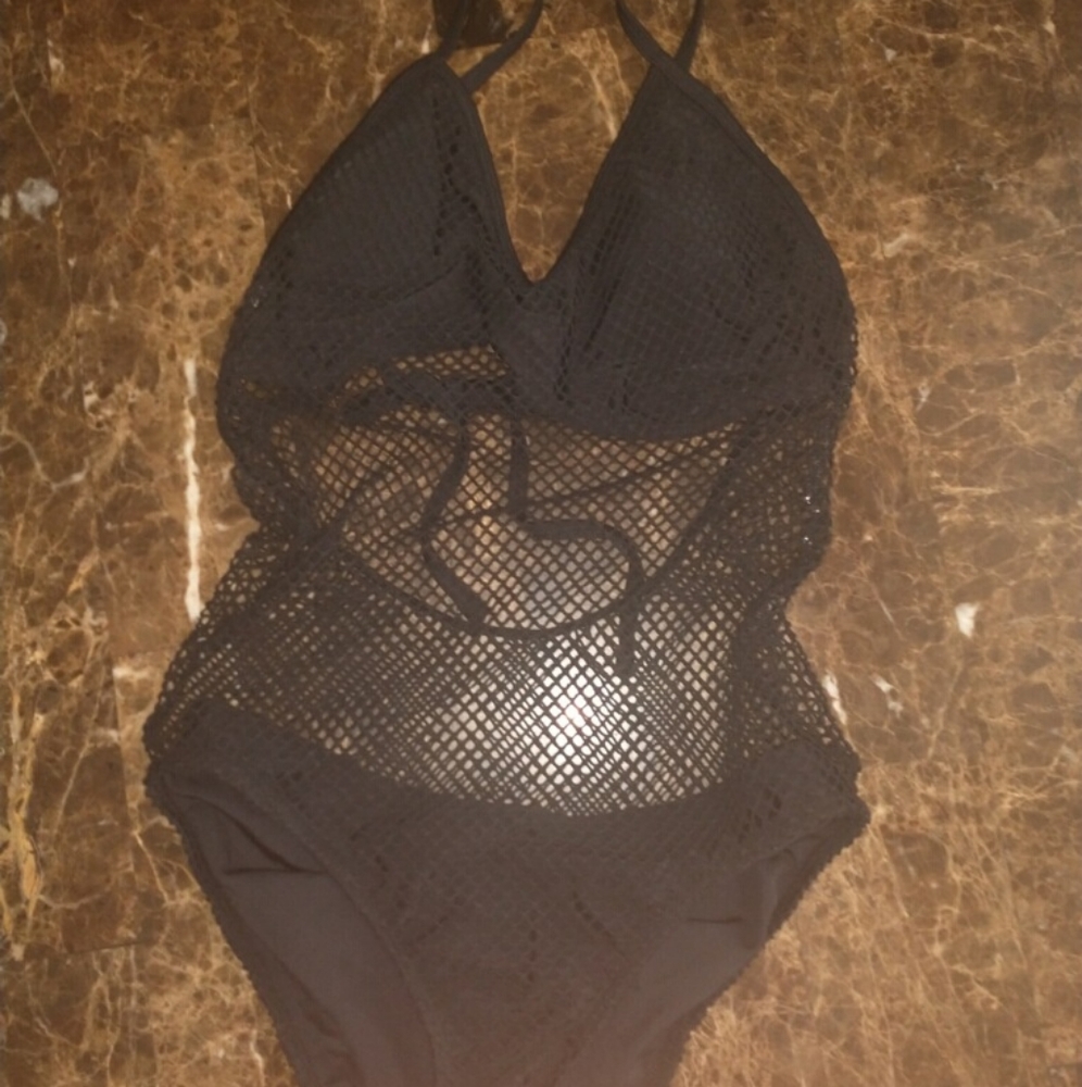 Black mesh one piece bathing suit